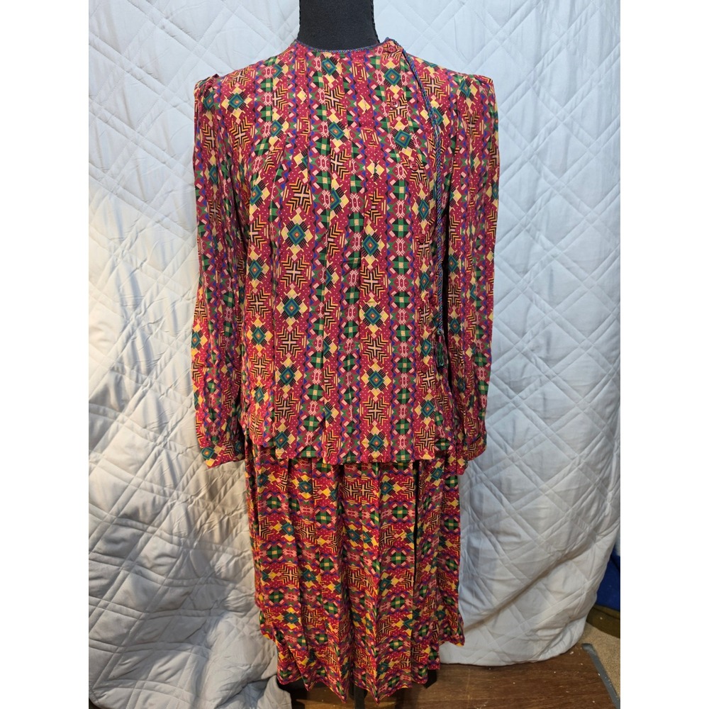 Miss O Oscar de la Renta Lillie Rubin Silk 2pc Top Skirt Set Geometric Print 6